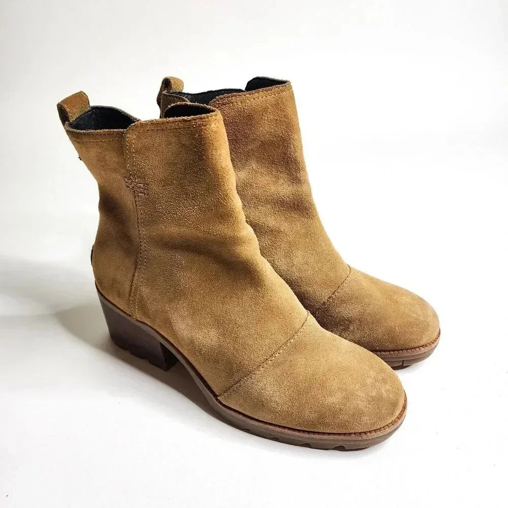 Sorel Cate Waterproof Suede Block Heel Bootie Side Zip Size 7 Camel Brown